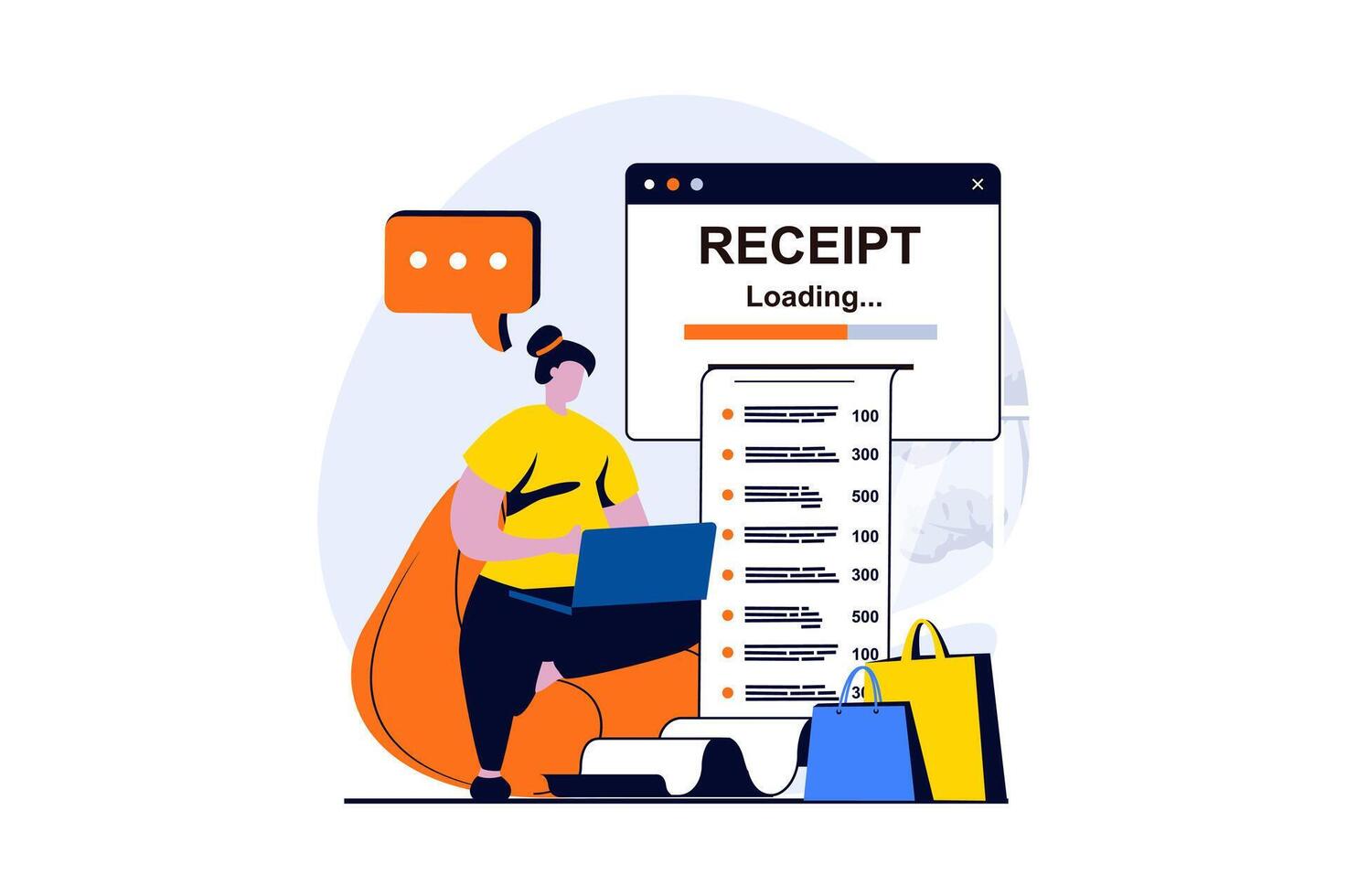 Electronic receipt concept with people scene in flat cartoon design. Woman pays bills with credit cards and receives digital receipt. Online banking services. illustration visual story for web vector