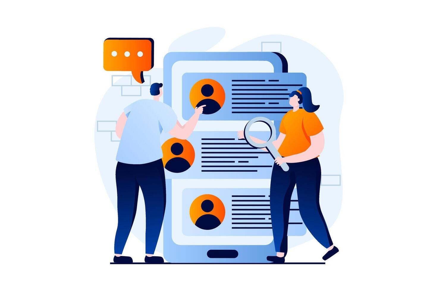 Employee hiring process concept with people scene in flat cartoon design. Man and woman looking for candidates for open vacancy and choosing new employee. illustration visual story for web vector