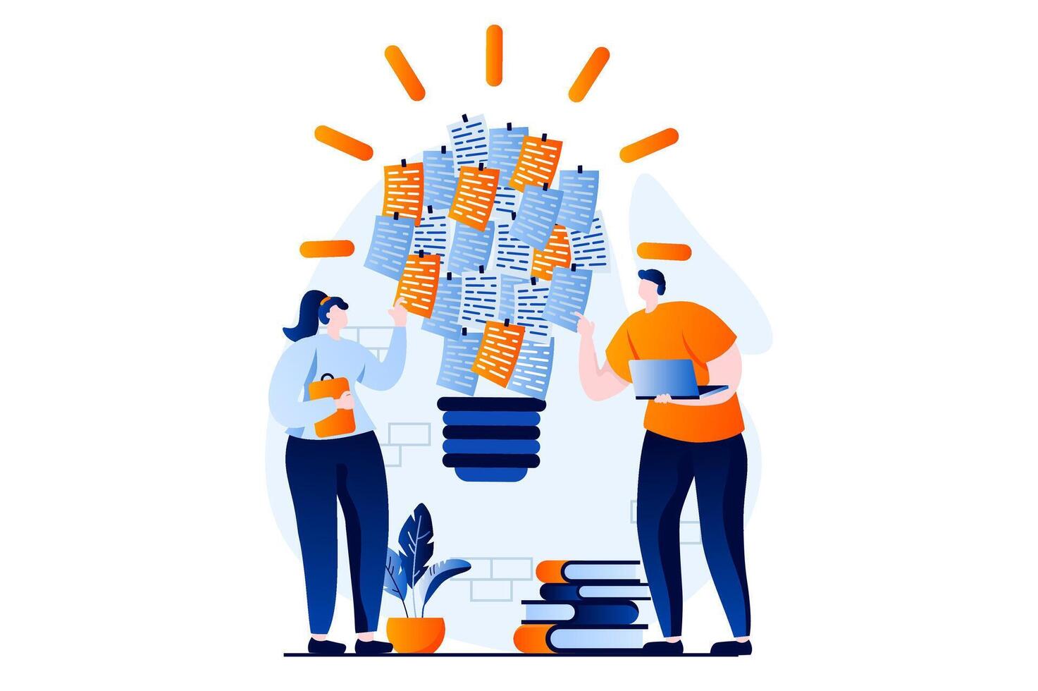 Finding solution concept with people scene in flat cartoon design. Man and woman discussing work tasks, brainstorming, creativity and idea generation together. illustration visual story for web vector