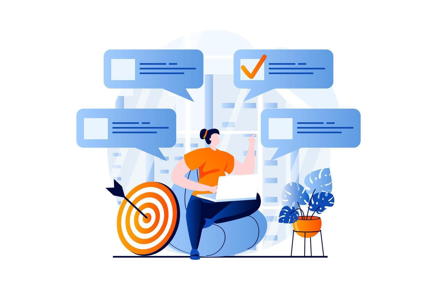 Online survey concept with people scene in flat cartoon design. Woman answering test questions and choose correct marks in questionnaire form using laptop. illustration visual story for web vector