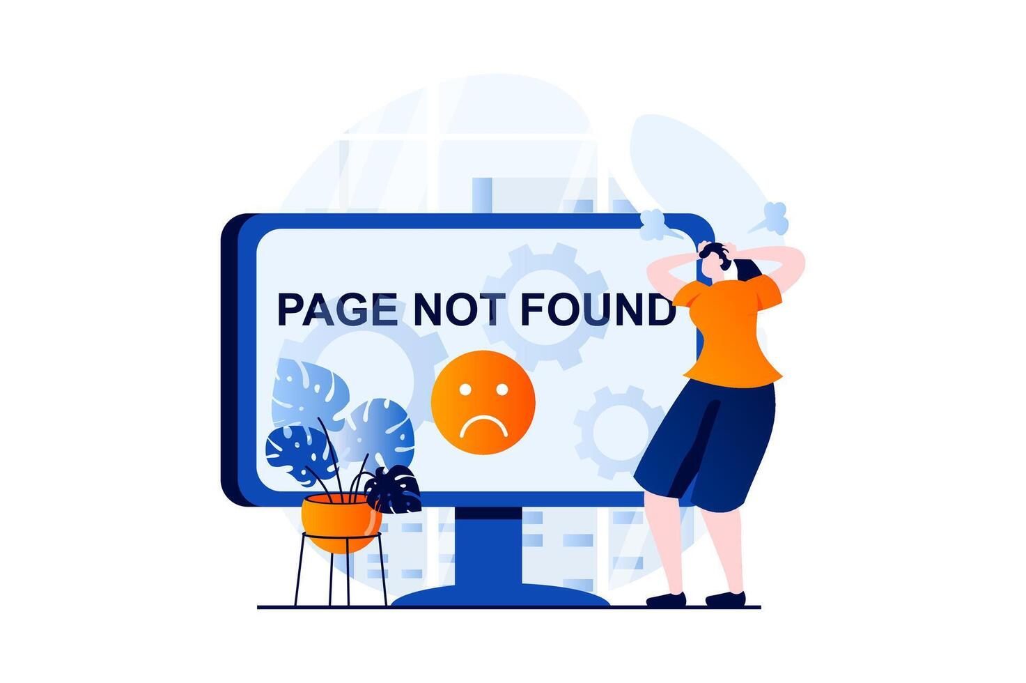 Page not found concept with people scene in flat cartoon design. Angry woman sees broken website sign with access error and page crash on computer screen. illustration visual story for web vector