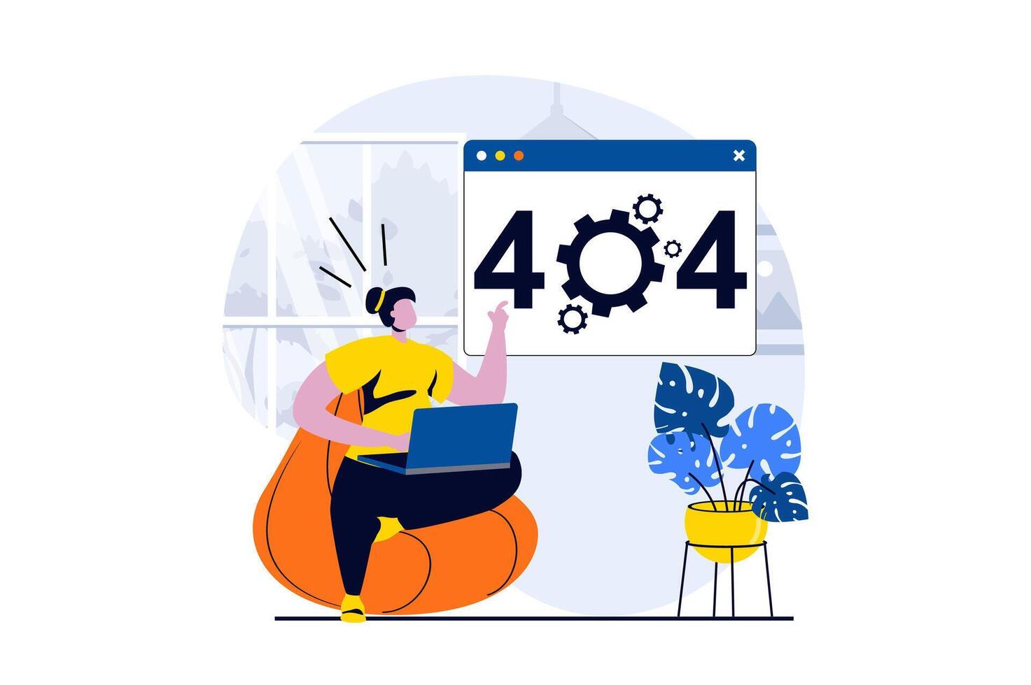 Page not found concept with people scene in flat cartoon design. Woman working online on laptop and getting websites crash with 404 access errors on screen. illustration visual story for web vector