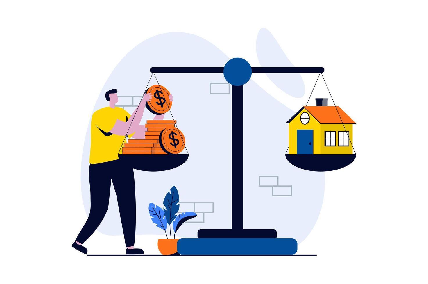 Real estate concept with people scene in flat cartoon design. Man saves money to buy private house, invests in real estate or decides to move to apartment. illustration visual story for web vector