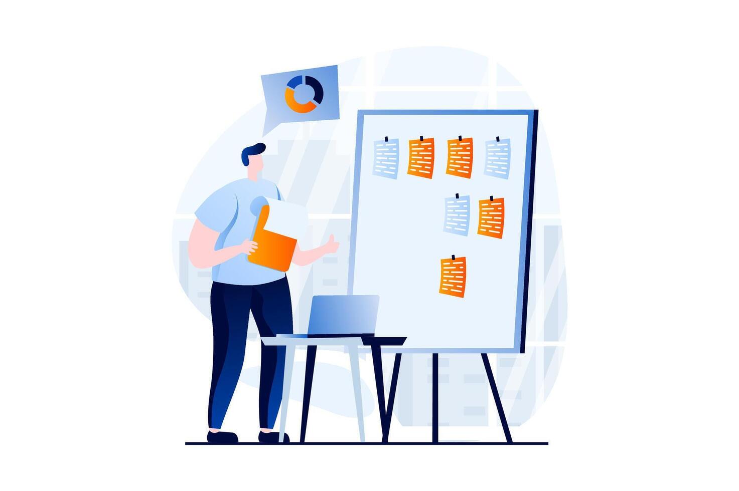 Finding solution concept with people scene in flat cartoon design. Man analyzes data and makes presentation, plans and optimizes workflow on sticker board. illustration visual story for web vector