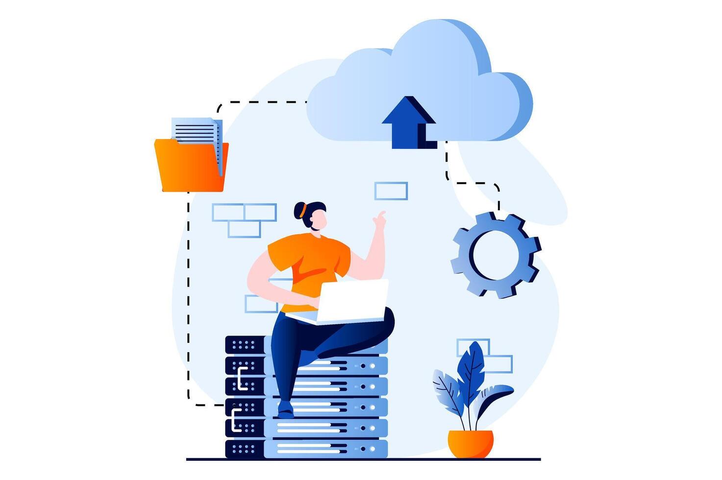 SaaS concept with people scene in flat cartoon design. Woman exchanges files and information and computing using cloud technology. Software as a service. illustration visual story for web vector