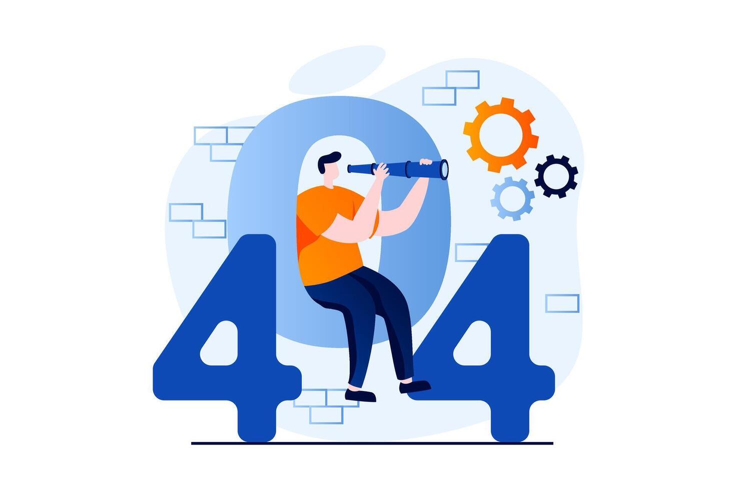 Page not found concept with people scene in flat cartoon design. Man with spyglass looking for site with disconnects problem and 404 access error warning. illustration visual story for web vector