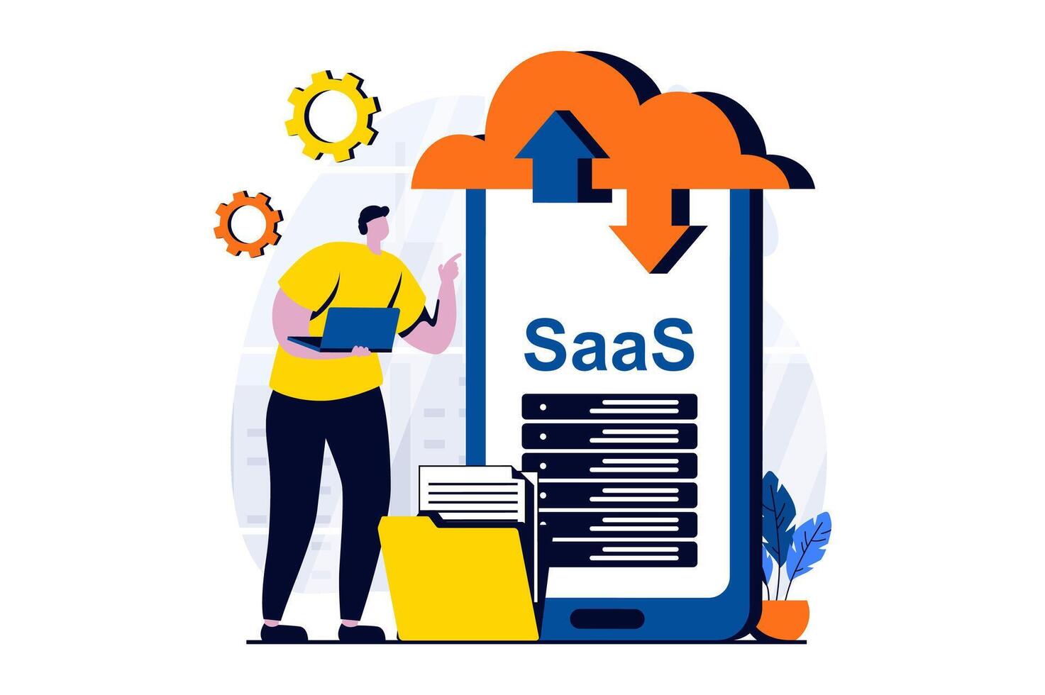 SaaS concept with people scene in flat cartoon design. Man working with uploading and downloading files at online mobile application. Software as a service. illustration visual story for web vector