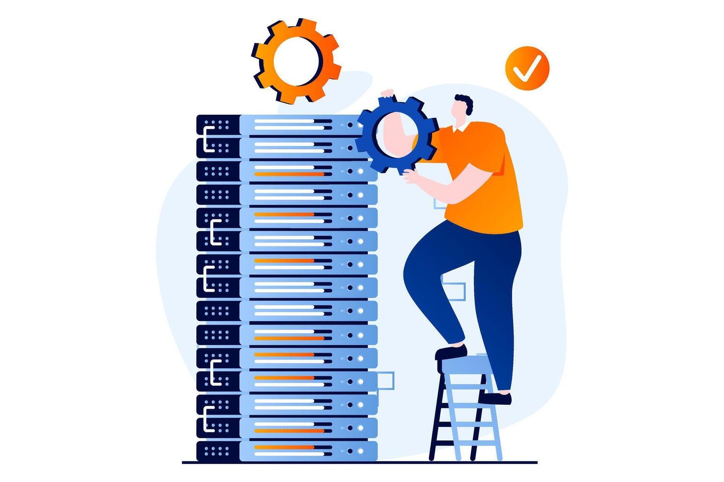 Server maintenance concept with people scene in flat cartoon design. Man working in server rack hardware room, settings and optimization, fixing connection. illustration visual story for web vector
