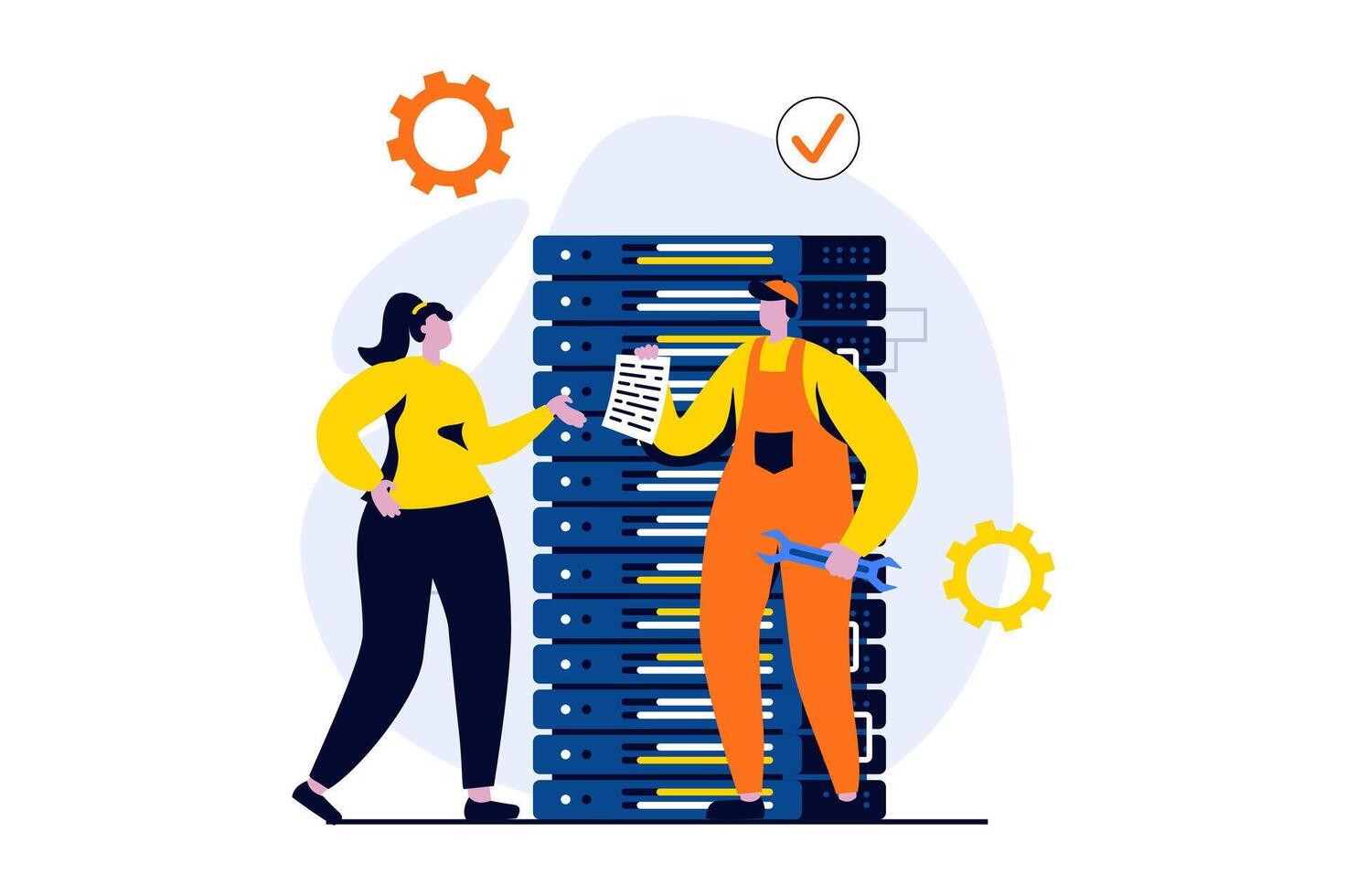 Server maintenance concept with people scene in flat cartoon design. Man and woman fixing problems, settings and optimization connection of internet provider. illustration visual story for web vector