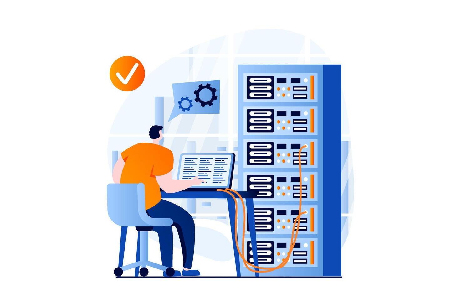Server maintenance concept with people scene in flat cartoon design. Man working at laptop in server rack hardware room, settings and optimization connection. illustration visual story for web vector