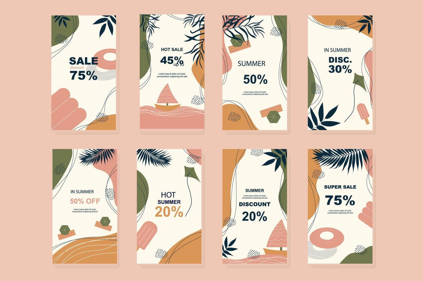 Summer sale template for instagram stories. Vertical promo banners design with abstract elements of summertime vacation at sea and tropical leaves. Collection layouts for insta story at social network vector