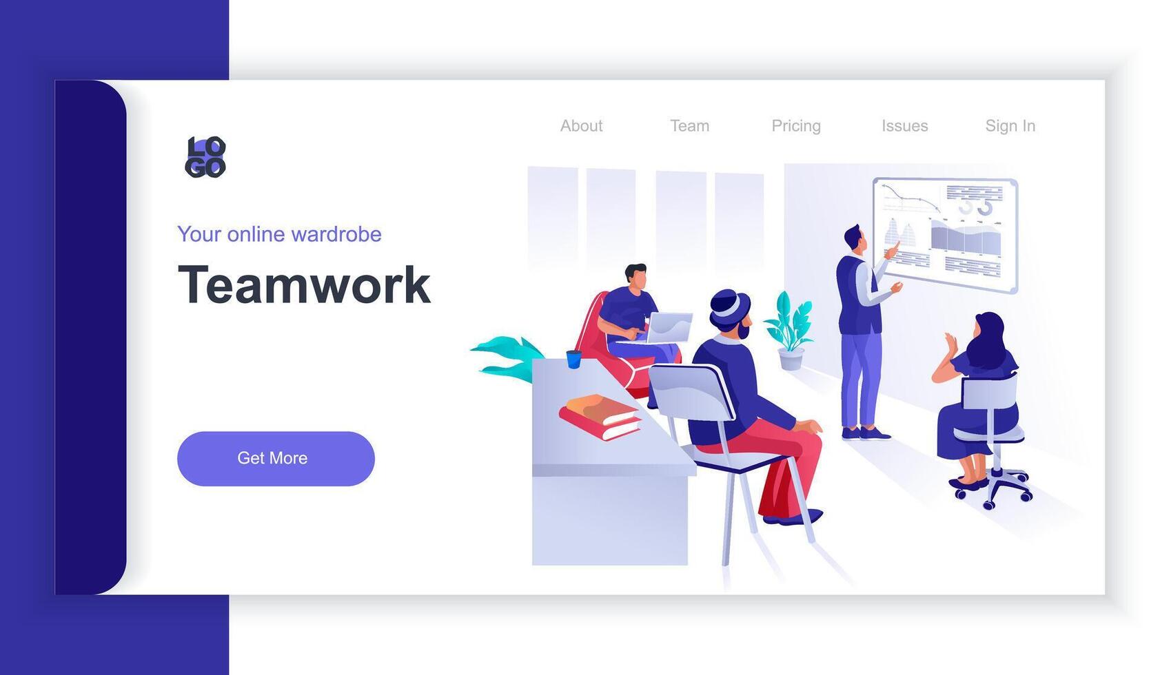 Teamwork concept 3d isometric web banner with people scene. Colleagues watch presentation in office, discussing work tasks at conference. illustration for landing page and web template design vector