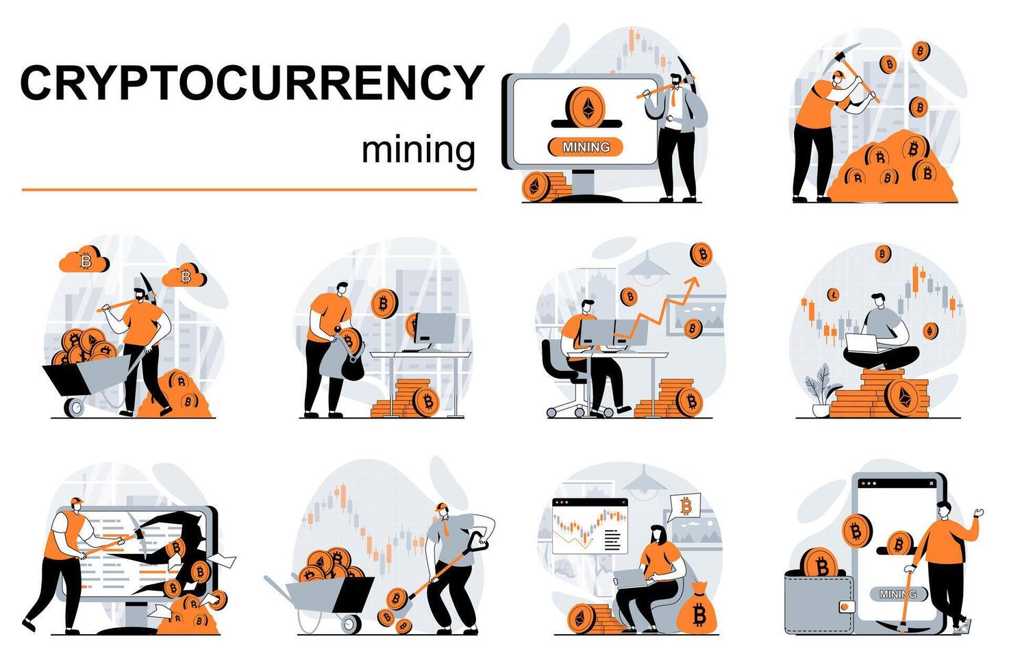 Cryptocurrency mining concept with people scenes set in flat design. Women and men mining digital money at farms, make bitcoins operations. illustration visual stories collection for web vector