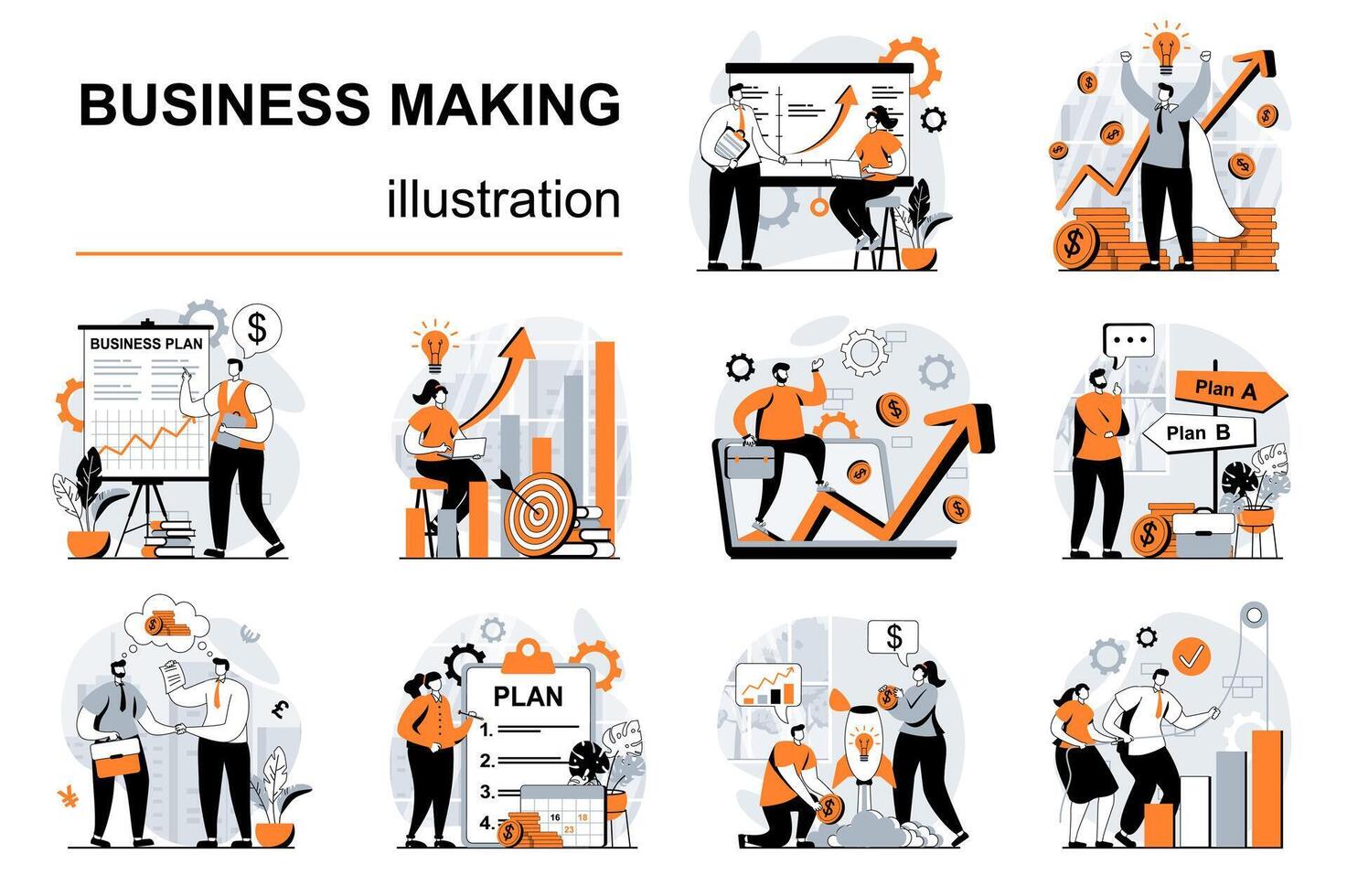 Business making concept with people scenes set in flat design. Women and men making presentation, marketing research, create plan and strategy. illustration visual stories collection for web vector