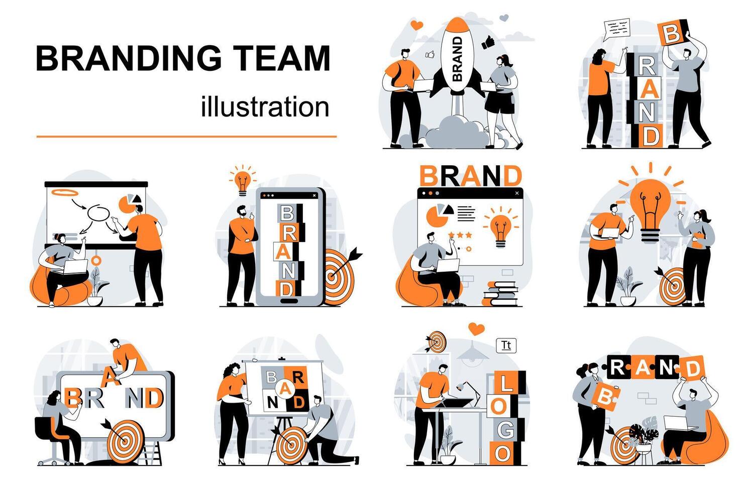 Branding team concept with people scenes set in flat design. Women and men launch business brand, create logo and identity, company personality. illustration visual stories collection for web vector
