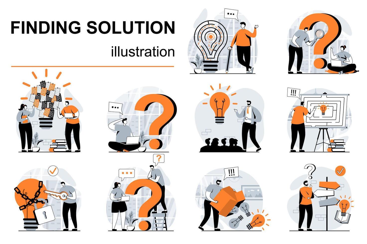 Finding solution concept with people scenes set in flat design. Women and men think, generate ideas, brainstorming and creativity for business. illustration visual stories collection for web vector