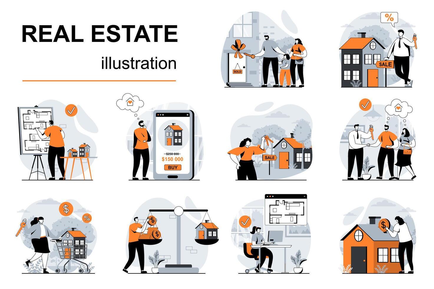 Real estate concept with people scenes set in flat design. Women and men receives mortgage loan, buys new house, receiving keys to home property. illustration visual stories collection for web vector