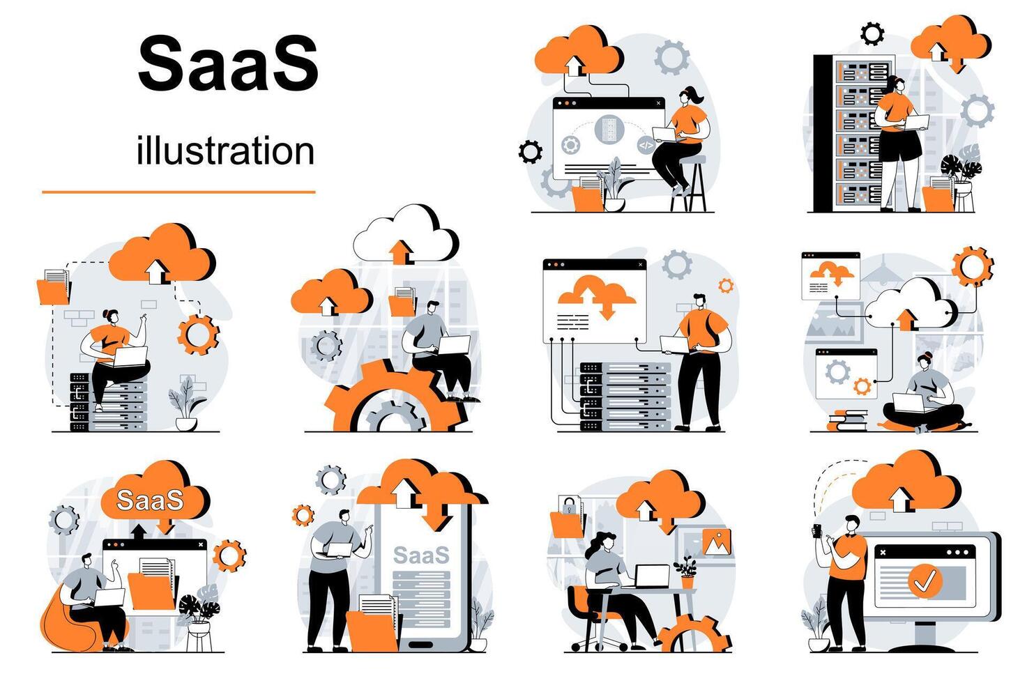 SaaS concept with people scenes set in flat design. Women and men uses programs and cloud processing with subscription. Software as a service. illustration visual stories collection for web vector