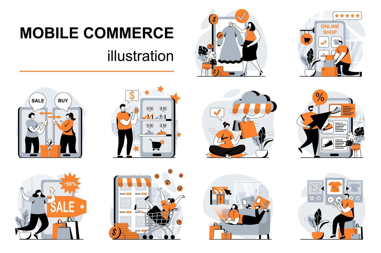 Mobile commerce concept with people scenes set in flat design. Women and men choose clothes in mobile app, make profitable purchases, pay online. illustration visual stories collection for web vector