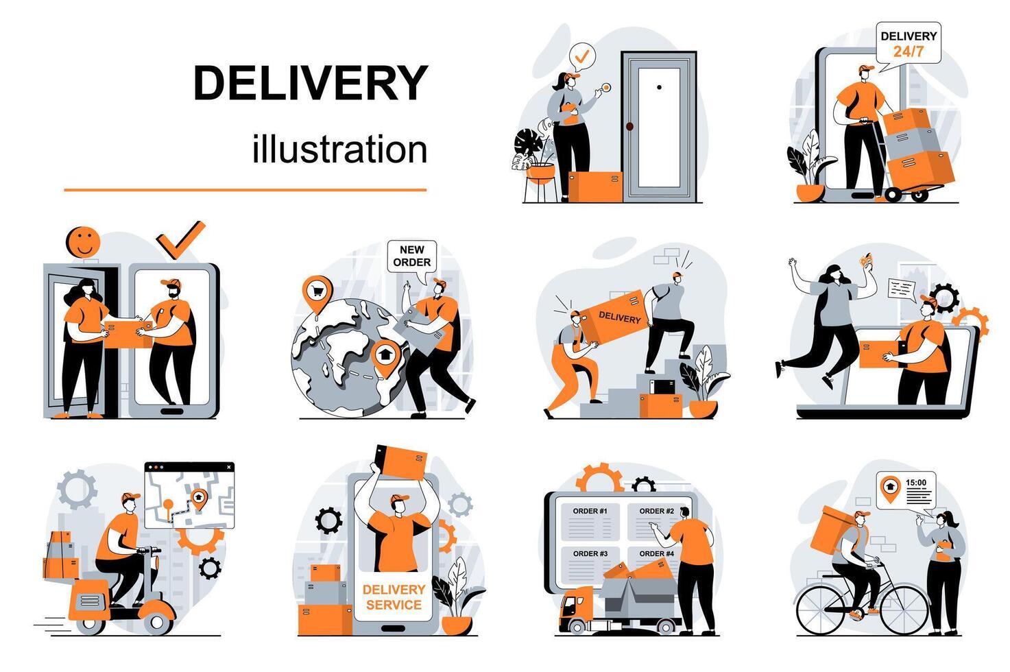 Delivery service concept with people scenes set in flat design. Women and men receive parcels, courier carries box, delivers orders to addresses. illustration visual stories collection for web vector