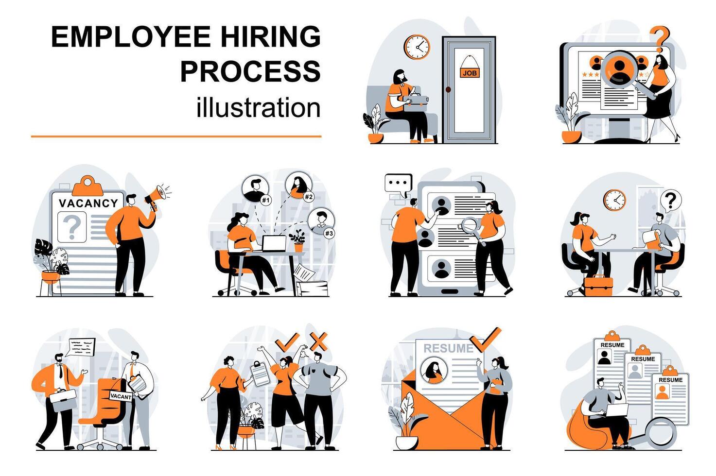 Employee hiring process concept with people scenes set in flat design. Women and men choosing candidates. Human resources and staff recruitment. illustration visual stories collection for web vector