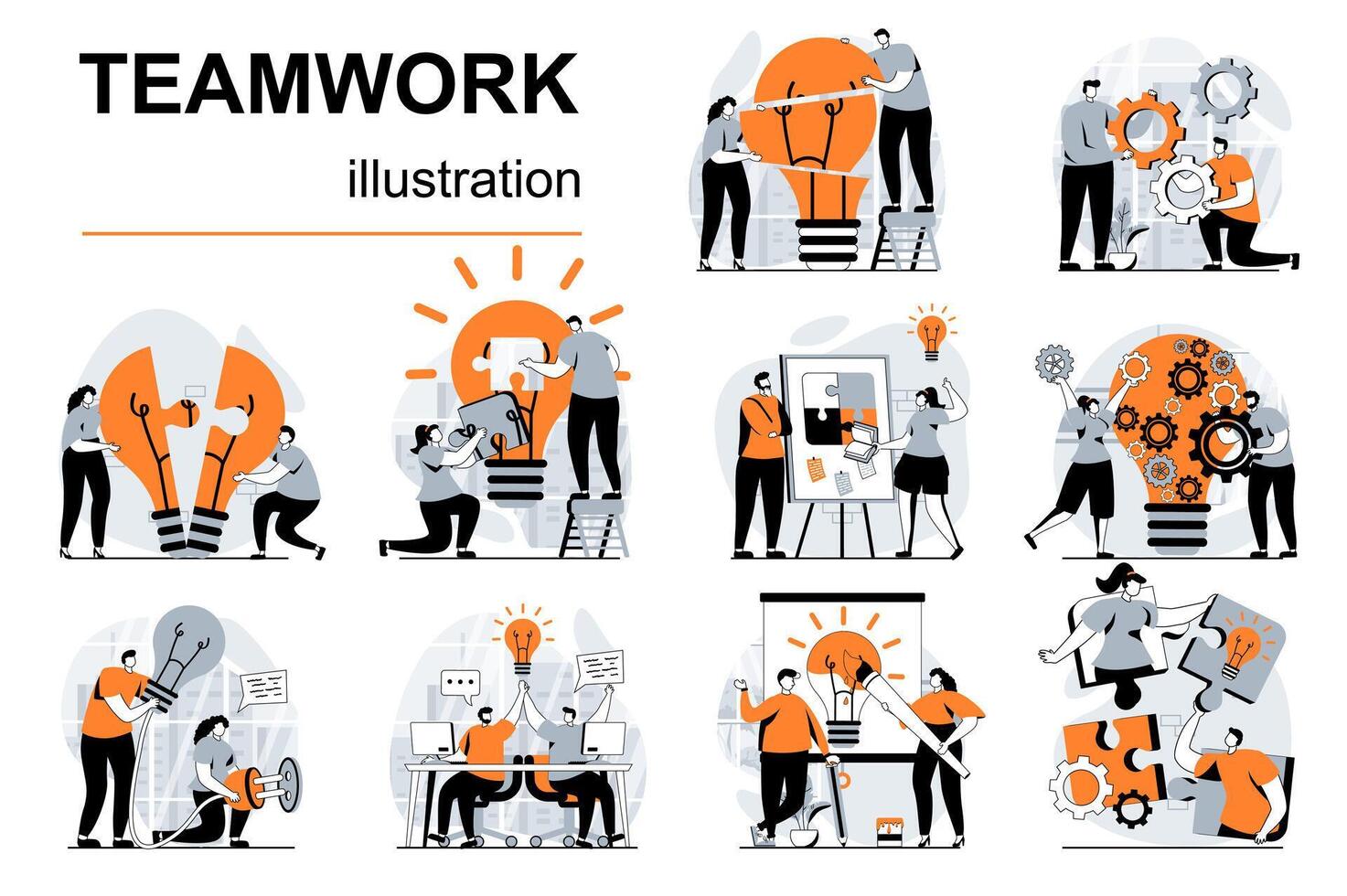 Teamwork concept with people scenes set in flat design. Women and men collaborating and working together, brainstorming and develop business. illustration visual stories collection for web vector