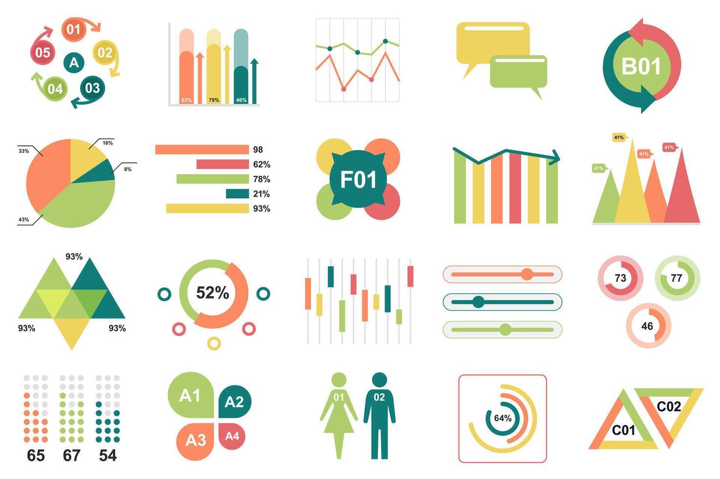 Set of infographic elements data visualization design template with different chart, diagram, flowchart, workflow, timeline. Infographics for business statistics, planning and analytics. vector