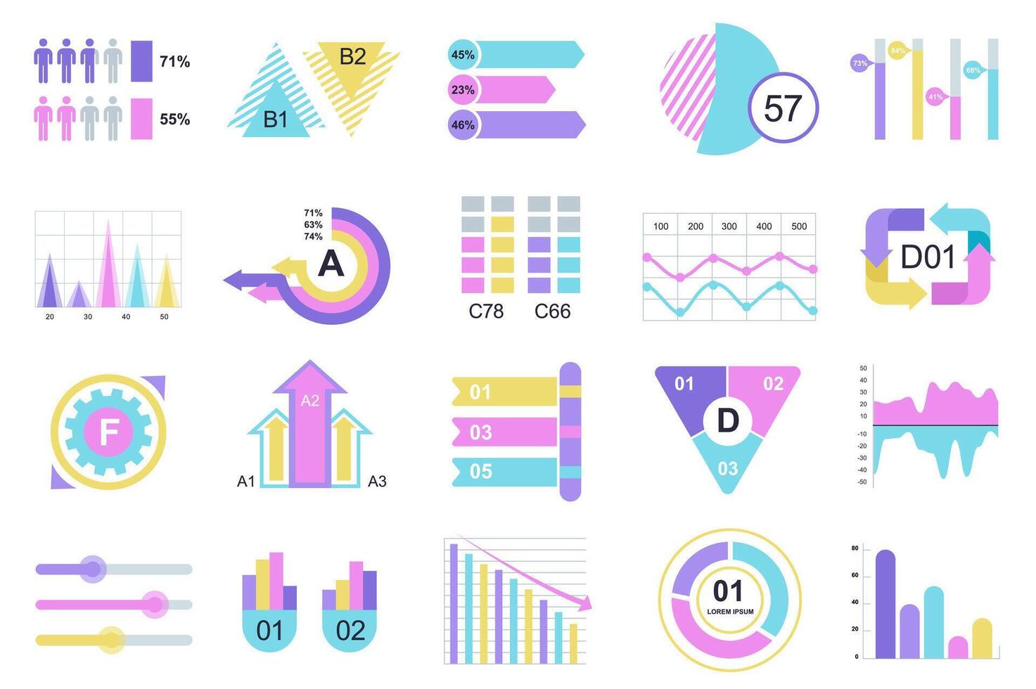 Set of infographic elements data visualization design template with different chart, diagram, flowchart, workflow, timeline. Infographics for business statistics, planning and analytics. vector