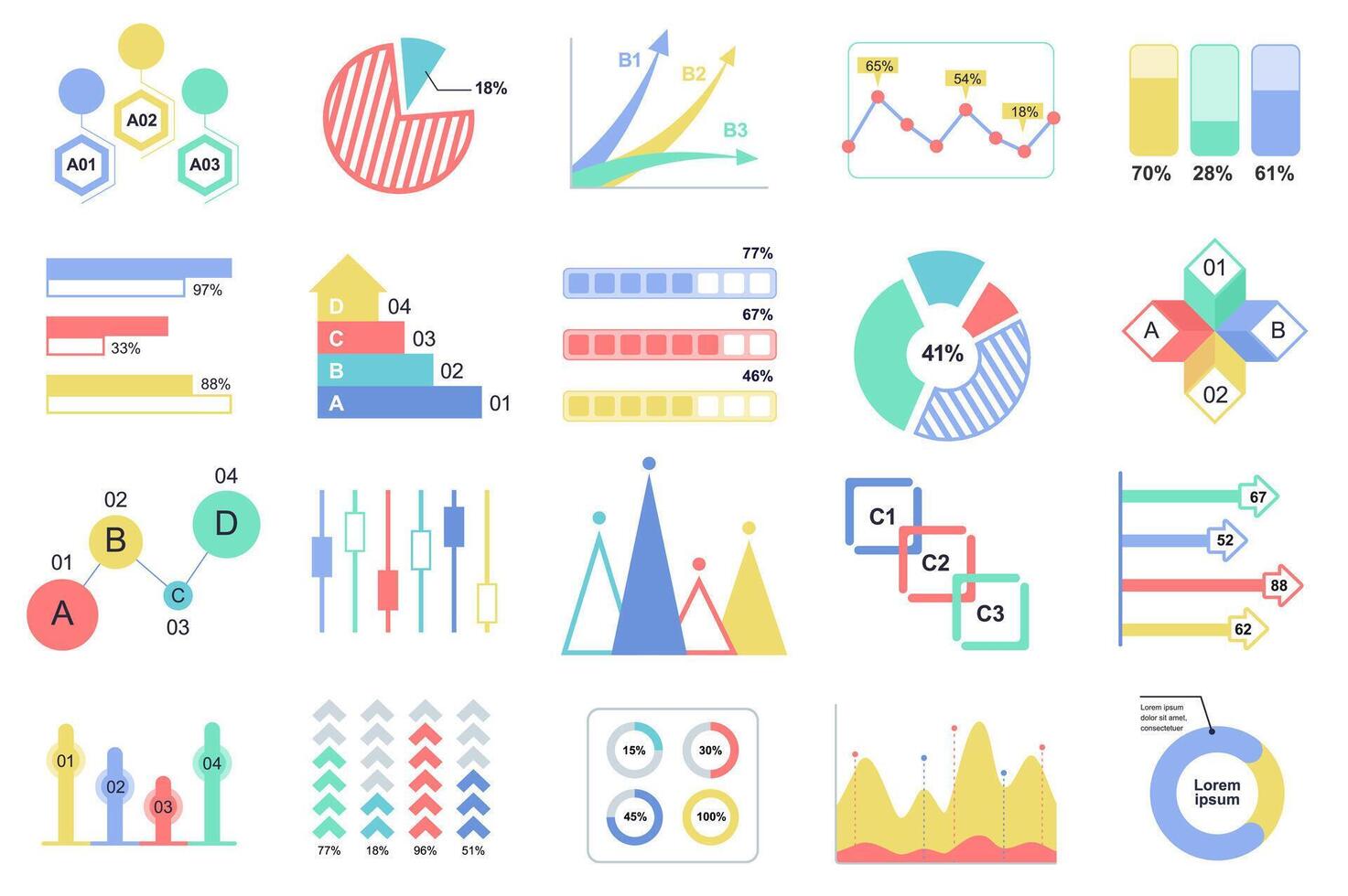 Set of infographic elements data visualization design template with different chart, diagram, flowchart, workflow, timeline. Infographics for business statistics, planning and analytics. vector