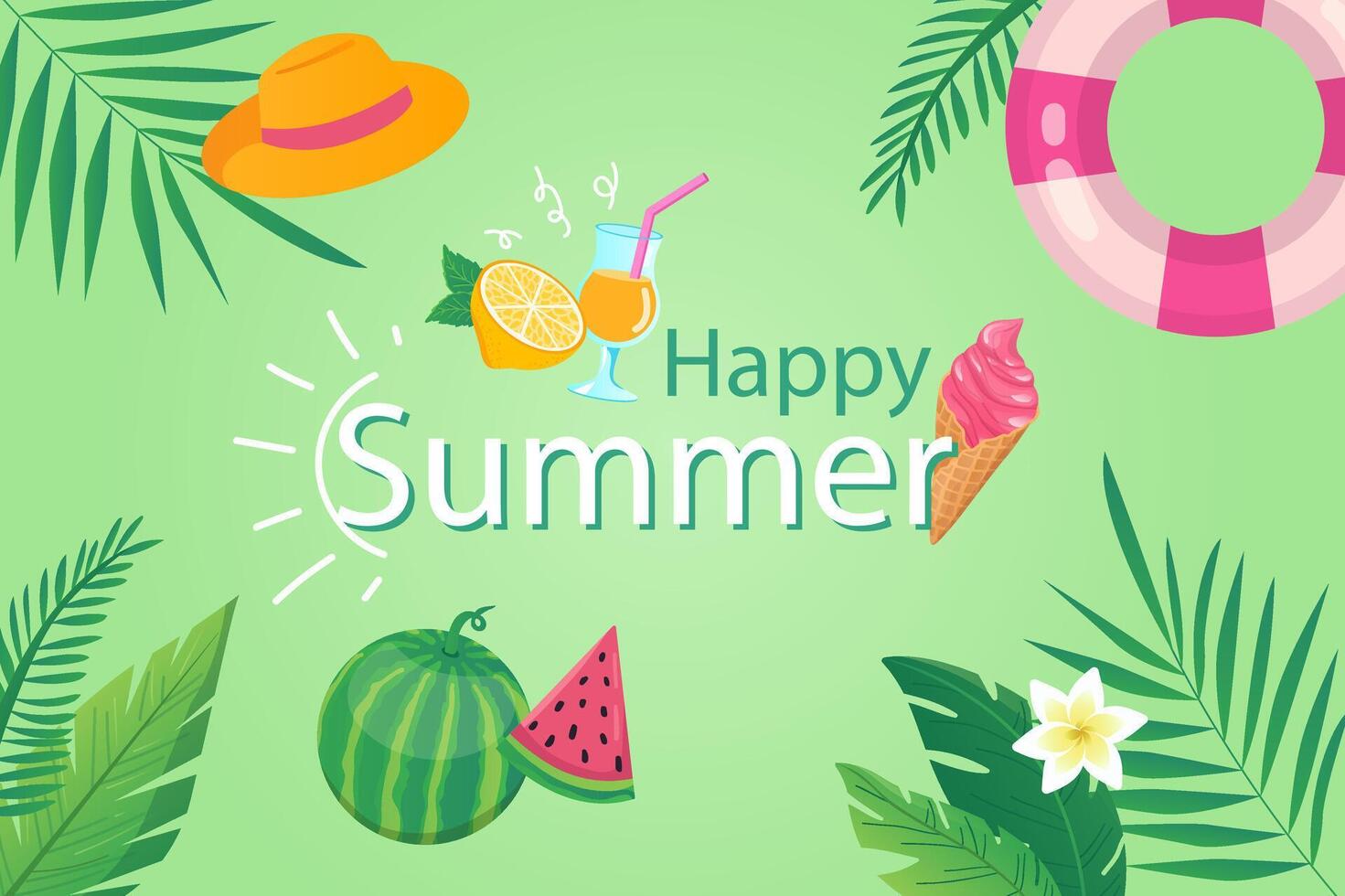Happy summer background in flat cartoon design. Wallpaper with summertime composition, palm leaves, hat, cocktail, fruits, rubber ring, ice cream. illustration for poster or banner template vector