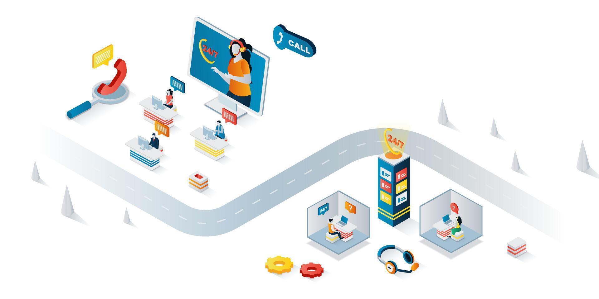 Call center concept 3d isometric web banner. People work at hotline, consultation customers around the clock, tech support solves problems. illustration for landing page and web template design vector