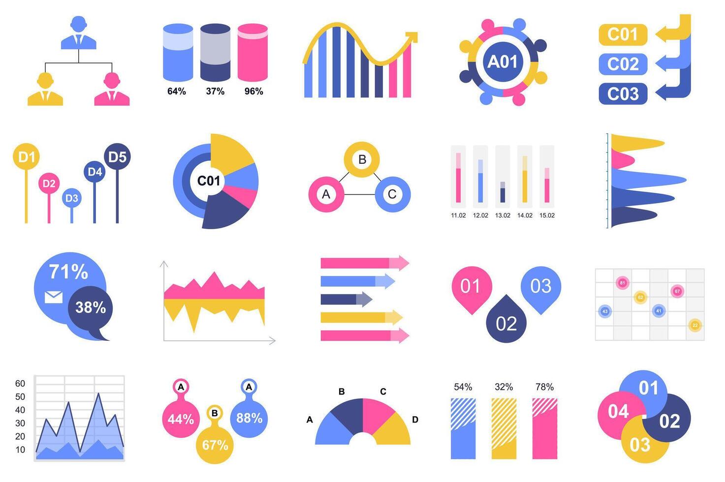 Set of infographic elements data visualization design template with different chart, diagram, flowchart, workflow, timeline. Infographics for business statistics, planning and analytics. vector