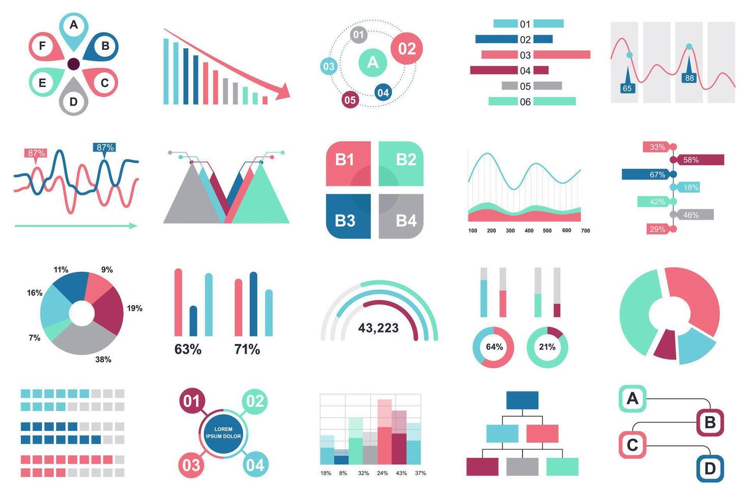 Set of infographic elements data visualization design template with different chart, diagram, flowchart, workflow, timeline. Infographics for business statistics, planning and analytics. vector