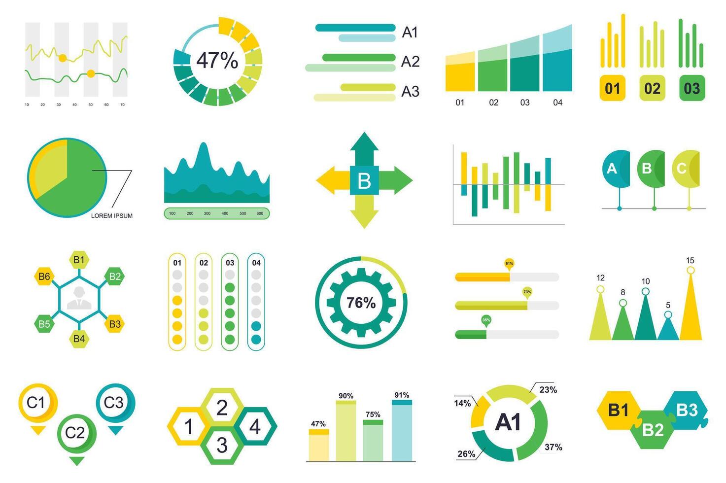 Set of infographic elements data visualization design template with different chart, diagram, flowchart, workflow, timeline. Infographics for business statistics, planning and analytics. vector