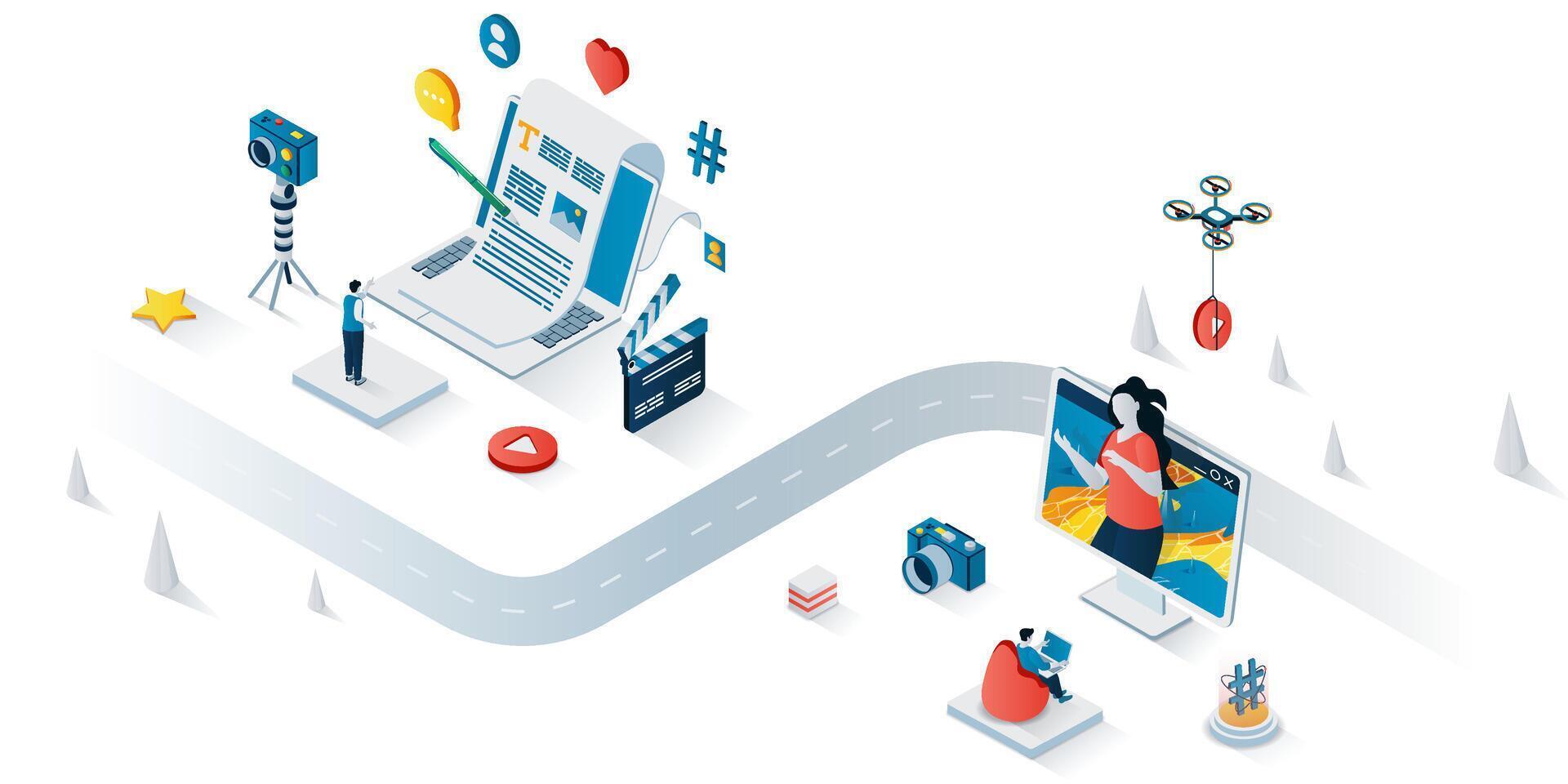 Blogging concept 3d isometric web banner. People writing articles, recording videos, take photos and posting content, followers subscribe. illustration for landing page and web template design vector