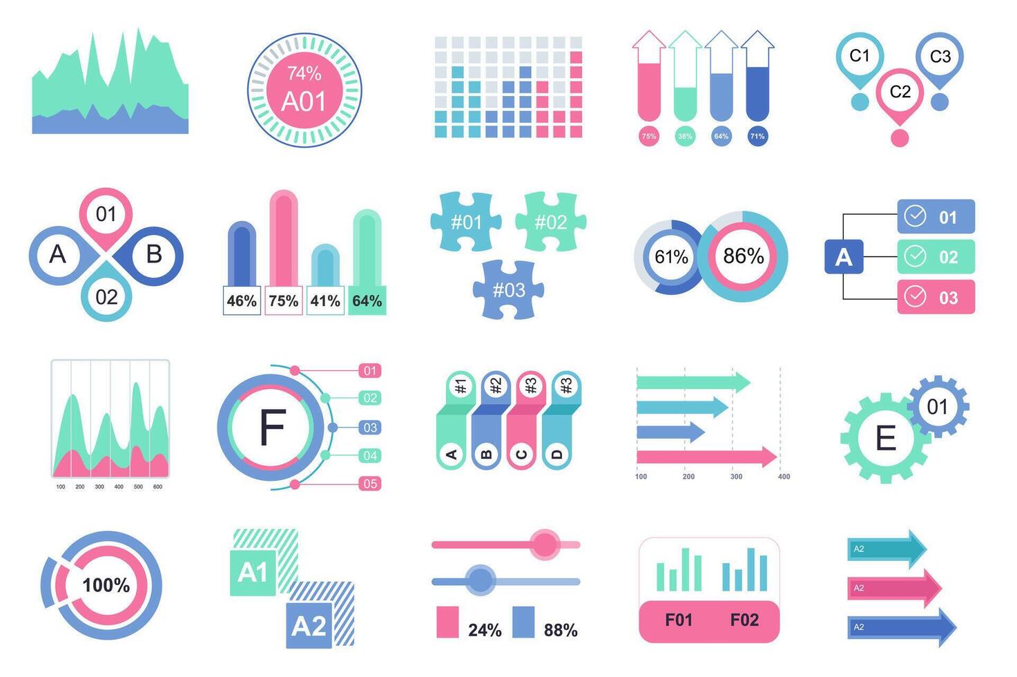 Set of infographic elements data visualization design template with different chart, diagram, flowchart, workflow, timeline. Infographics for business statistics, planning and analytics. vector
