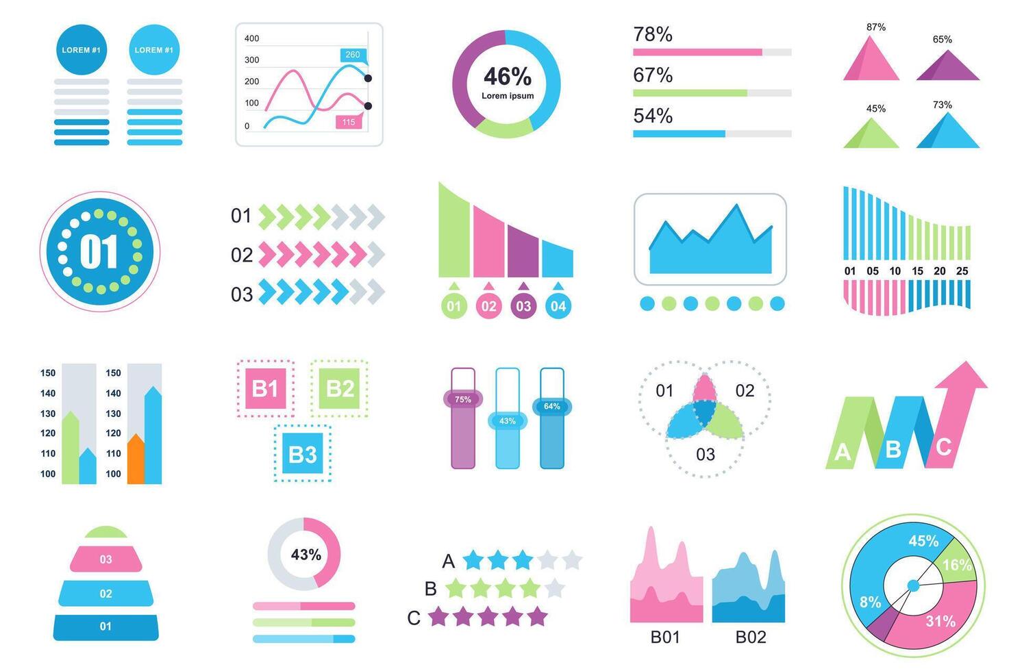 Set of infographic elements data visualization design template with different chart, diagram, flowchart, workflow, timeline. Infographics for business statistics, planning and analytics. vector