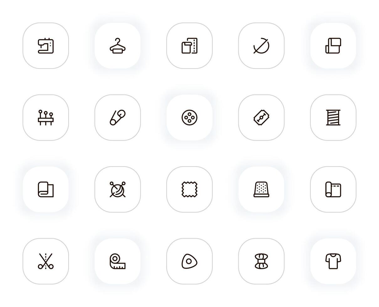 Clothes sewing line icons set. Sew machine, hanger, fabric, needle, thread, pin, button, blade. outline pictograms for web and ui, ux mobile app design. Editable Stroke. 24x24 Pixel Perfect. vector