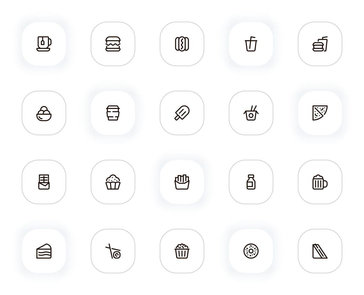 Fast food and drink line icons set. Tea, hamburger, hot dog, soda, ice cream, noodle, cake, pizza. outline pictograms for web and ui, ux mobile app design. Editable Stroke. 24x24 Pixel Perfect. vector