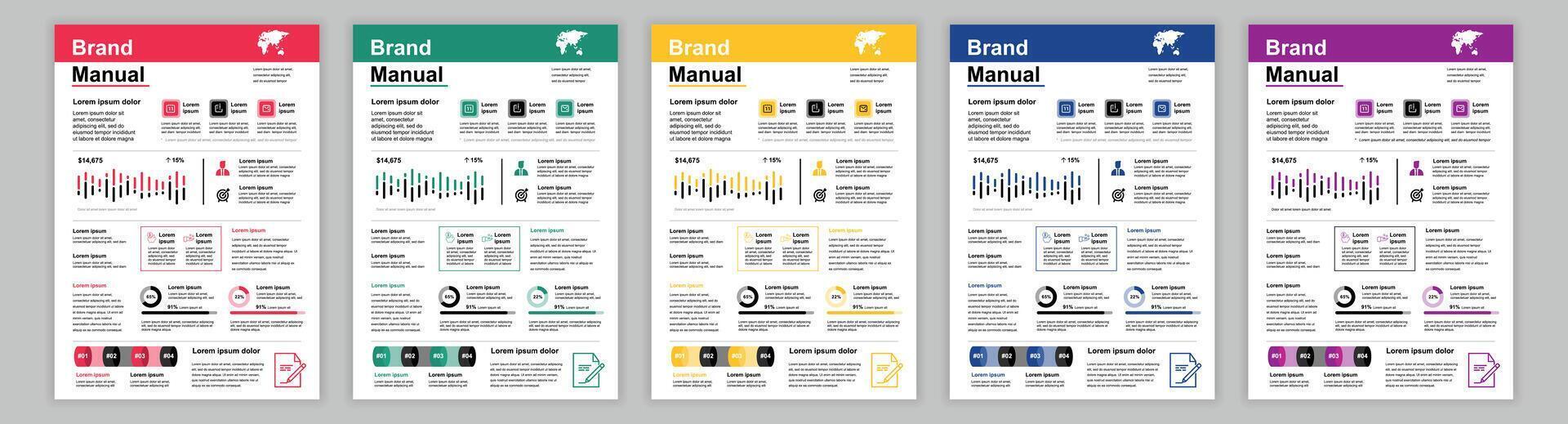 DIN A3 business brand manual templates set. Company identity brochure page. Banner with infographic for promotion, leadership, marketing and target. layout design for poster, cover, brochure vector
