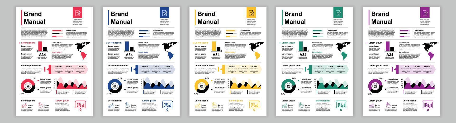 DIN A3 business brand manual templates set. Company identity brochure page. Newsletter banner with global targets, marketing and communication. layout design for poster, cover, brochure vector