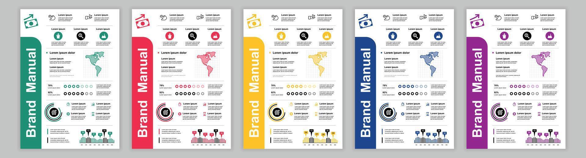 DIN A3 business brand manual templates set. Company identity brochure page with global targets, commercial proposals. Advertisement banner or flyer. layout design for poster, cover, brochure vector