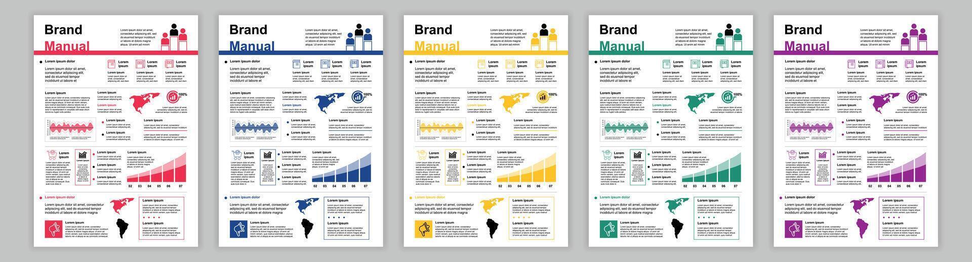 DIN A3 business brand manual templates set. Company identity brochure page. Global partnership, teamwork, business development and earnings growth. layout design for poster, cover, brochure vector