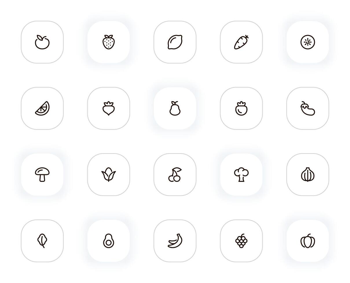 Fruits and vegetables line icons set. Apple, strawberry, lemon, carrot, corn, cherry, mushroom. outline pictograms for web and ui, ux mobile app design. Editable Stroke. 24x24 Pixel Perfect. vector