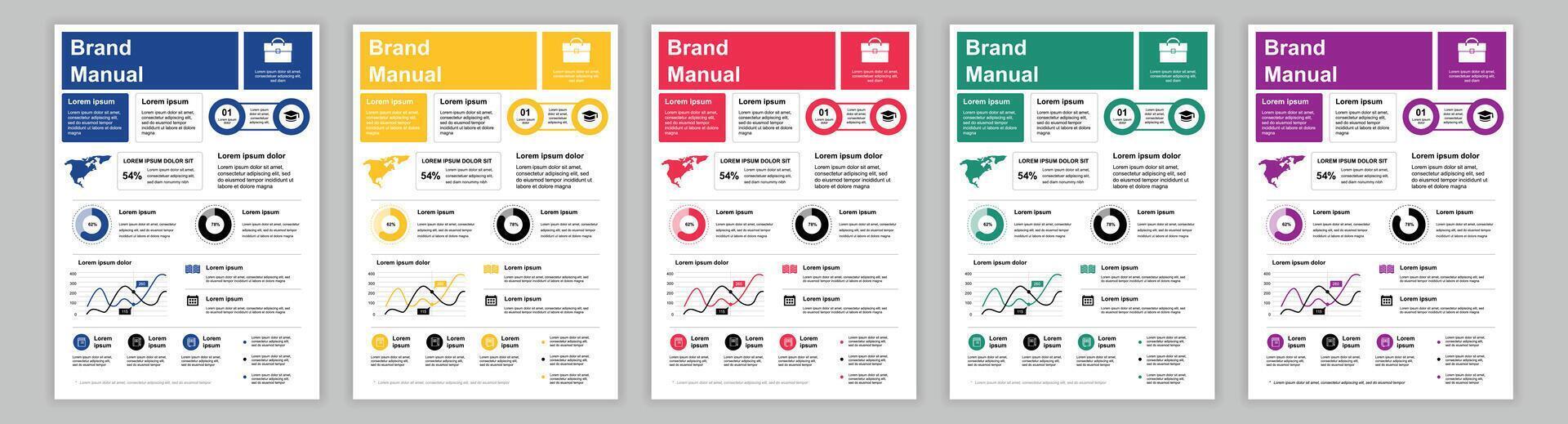 DIN A3 business brand manual templates set. Company identity brochure page with global statistics, investment strategy, sales performance and earnings. layout design for poster, cover, brochure vector