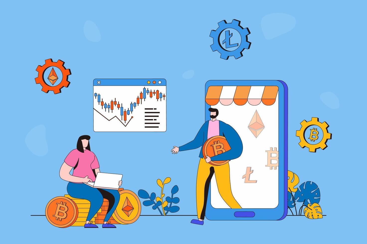 Cryptocurrency marketplace web concept in flat 2d design. Man and woman analysing financial data, trading on virtual crypto market, make operations with bitcoins. illustration with people scene vector