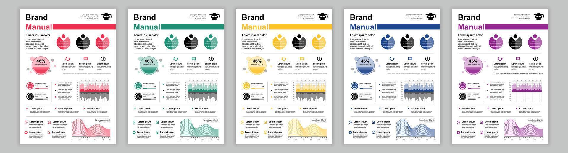 DIN A3 business brand manual templates set. Company identity brochure page with marketing report data. Newsletter with analysis financial report. layout design for poster, cover and brochure vector