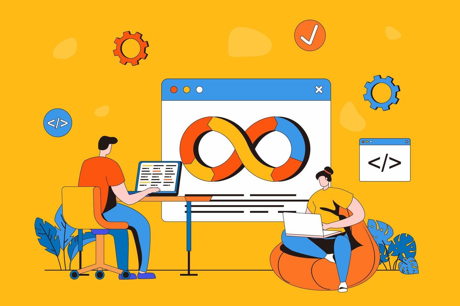 DevOps web concept in flat 2d design. Man and woman developers work together in team, administer development and collaboration processes on programming products. illustration with people scene vector
