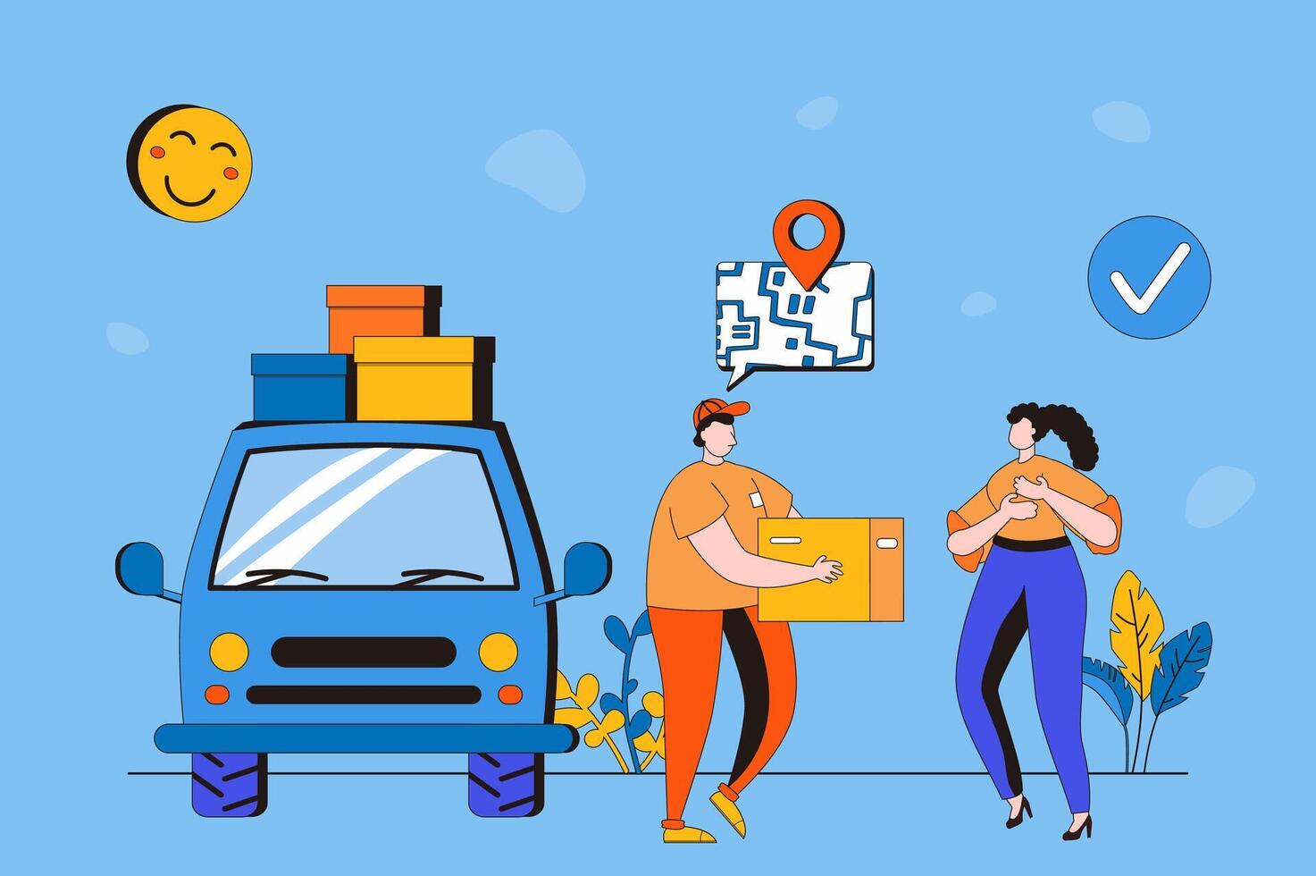 Delivery service web concept in flat 2d design. Courier carries box with parcel to client, delivers orders by truck to addresses. Woman is tracking location. illustration with people scene vector