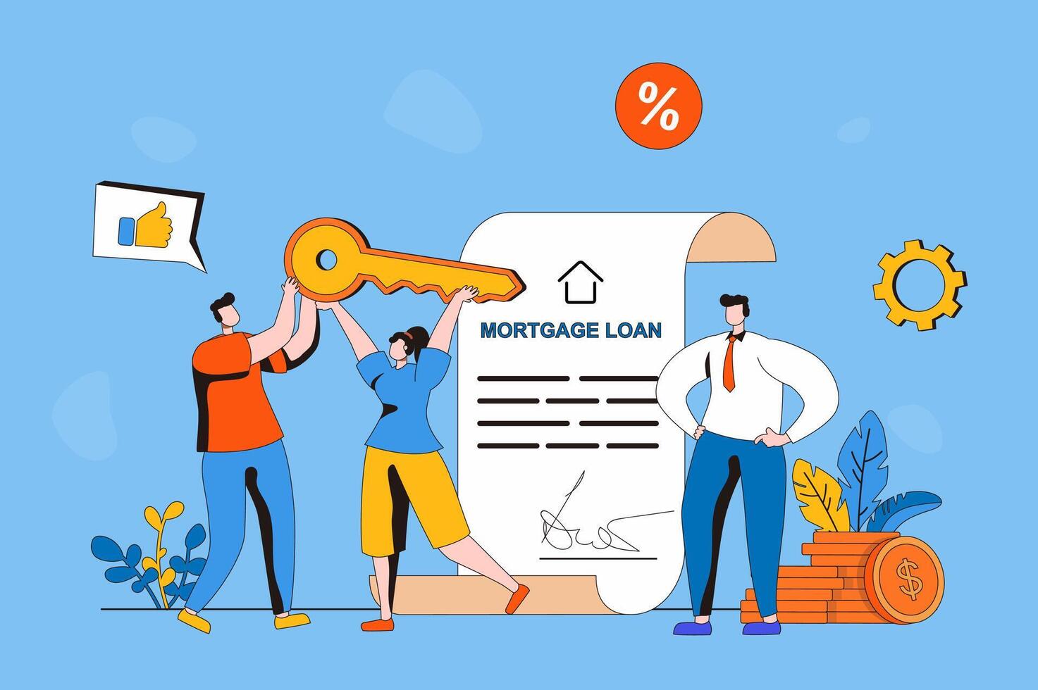 Real estate web concept in flat 2d design. Family receives mortgage loan and buys new house, signing contract with realtor and receiving keys to home property. illustration with people scene vector